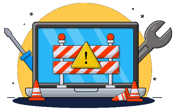Laptop with a road barrier and warning sign, surrounded by tools and traffic cones